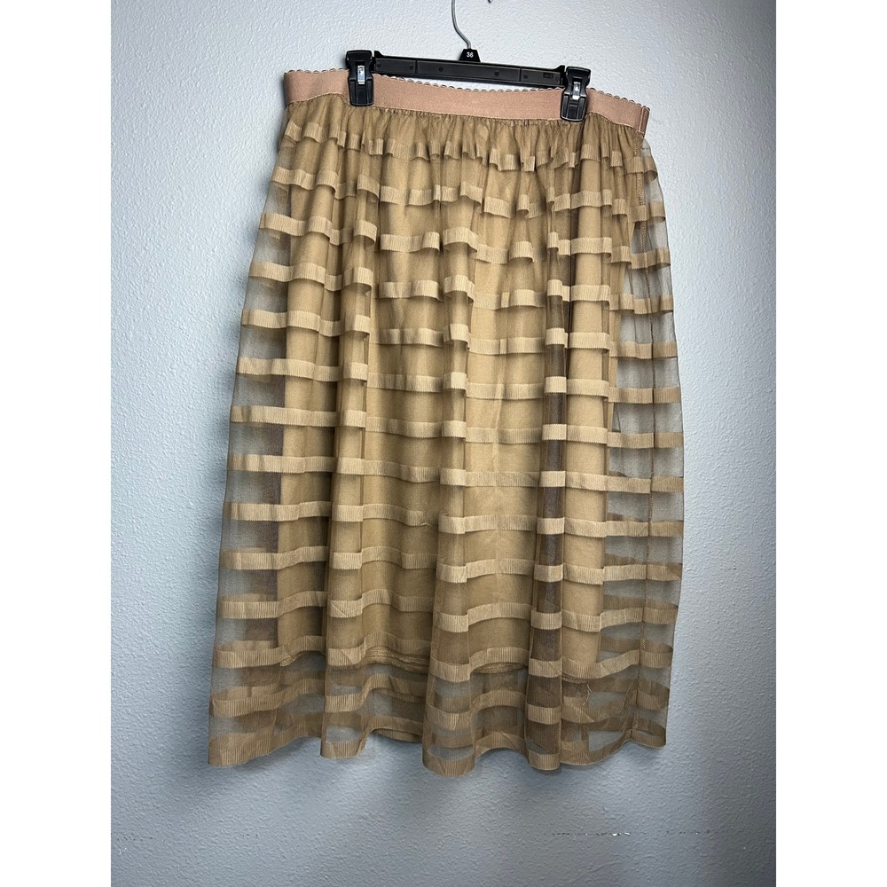 Metro Wear Tan Mesh Ribbon Stripe Midi Skirt Plus Size 1X Taupe Elastic Waist